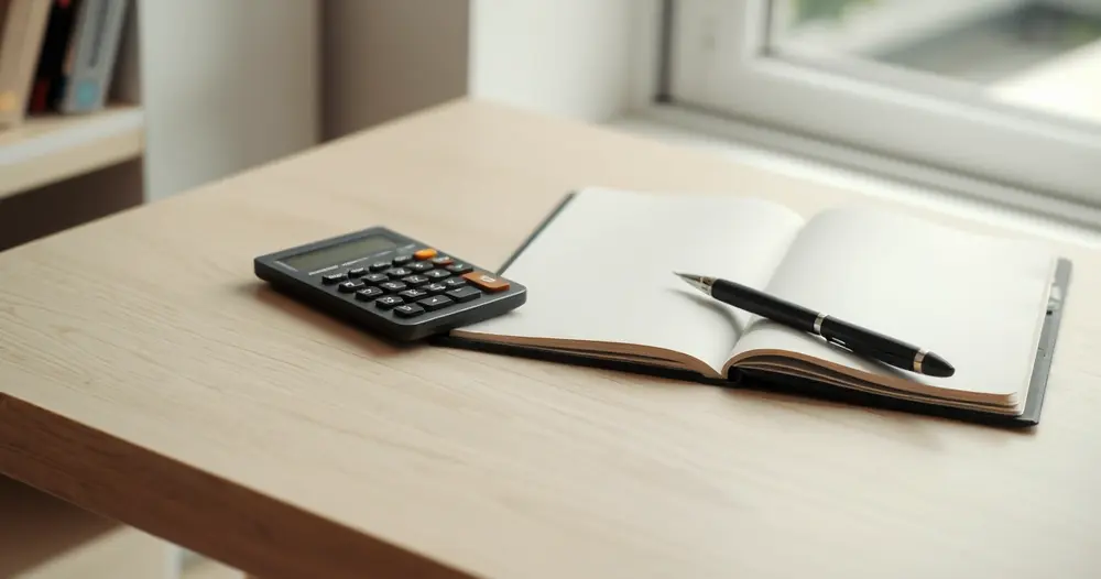 Calculadora e caderno de anotações sobre mesa de madeira clara